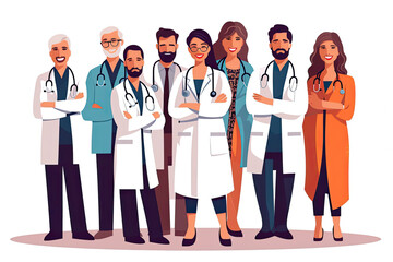 Medical staff people group. Team of doctor and nurse in hospital. Healthcare and medicine concept.Cartoon flat vector collection isolated on white background. Ai generative