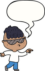 cartoon boy wearing sunglasses pointing with speech bubble