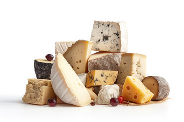 variety of different types of cheeses stacked isolated on white background. Ai generative