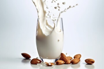 stock photo of glass almond milk to milk with splash Food Photography - obrazy, fototapety, plakaty