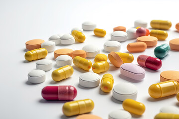 Medicines. Pills and capsules on white background. Ai generative