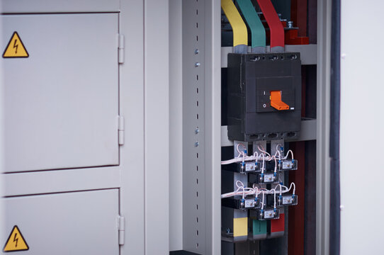 Panels of electrical switches in the open air for inspection at the exhibition. Open cabinet with access to circuit breakers. Power installations of the distribution network of power supply
