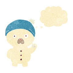 cartoon waving polar teddy bear in winter hat with thought bubble