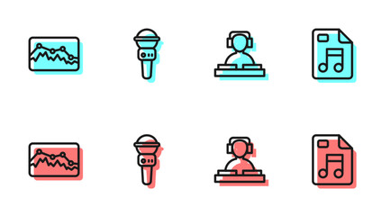 Set line DJ playing music, Music wave equalizer, Microphone and MP3 file document icon. Vector