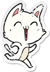 distressed sticker of a happy cartoon cat