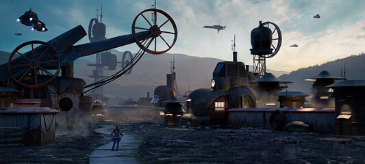 digital 3d illustraiton of a whimsical junkyard tech environment - fantasy sci-fi painting