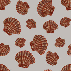 Watercolor sea shells scallops seamless pattern. Brown cockle marine beach hand painted illustration.