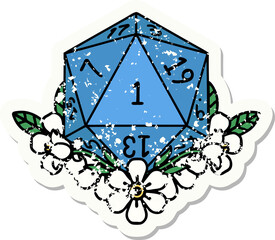 grunge sticker of a natural one dice roll with floral elements