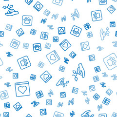 Set line Dating app online, Volunteer team planting trees and Paw print on seamless pattern. Vector