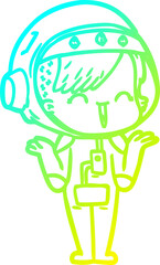 cold gradient line drawing of a happy cartoon space girl shrugging shoulders
