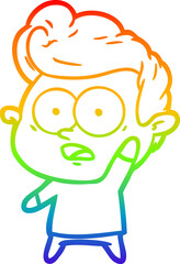 rainbow gradient line drawing of a cartoon man asking question