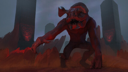 Digital 3d illustration of a closeup demon creature in a rocky underworld environment - fantasy illustration