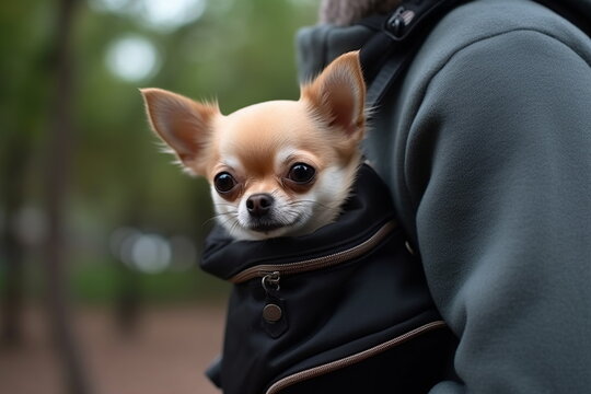 Cute little chihuahua dog carried in backpack by traveling owner, generative, ai