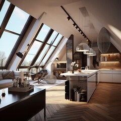 Modern Loft Apartment in the Attic. Generative AI