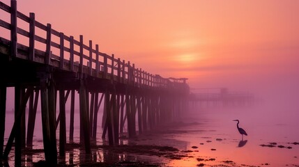 Fototapeta premium Blue Heron on Foggy Shore at Sunset with Old Pier Silhouette