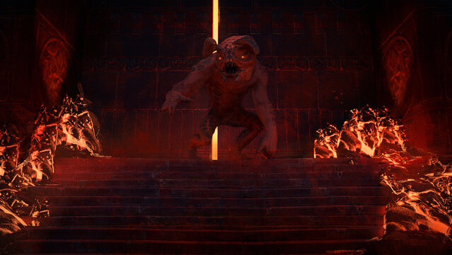 Digital 3d Illustration of a giant demon creature guarding a massive gate in a fiery underworld environment - fantasy illustration