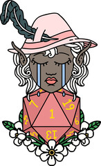 Retro Tattoo Style crying elf bard character with natural one D20 roll
