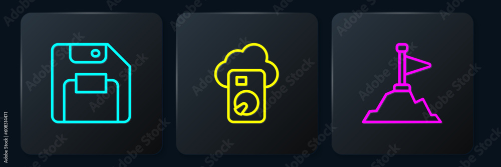 Poster set line floppy disk, mountains with flag on top and cloud database. black square button. vector