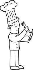 line drawing cartoon chef with knife and fork