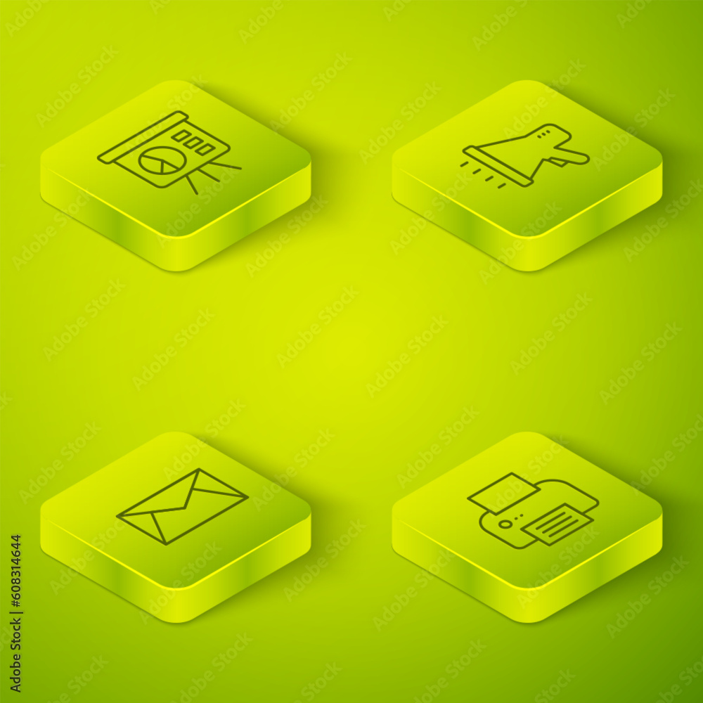 Poster set isometric line megaphone, mail and e-mail, printer and board with graph icon. vector