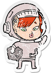 distressed sticker of a cartoon astronaut woman