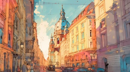 A sun-drenched city, vibrant and full of life, its streets adorned with colorful facades and bright flowers, the sunlight casting playful shadows that dance across the architecture.