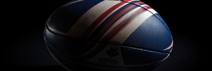 rugby ball on a black background, emphasizing the texture and details of the ball, professional shot, panoramic banner, AI