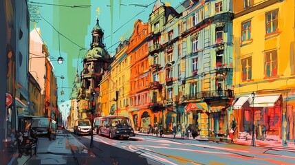 Obraz premium A sun-drenched city, vibrant and full of life, its streets adorned with colorful facades and bright flowers, the sunlight casting playful shadows that dance across the architecture.