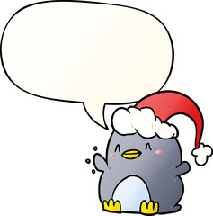 cartoon penguin wearing christmas hat with speech bubble in smooth gradient style