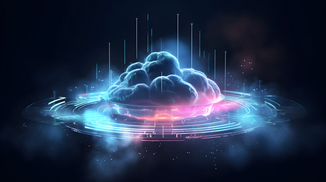 Digital informational technology web futuristic hologram with cloud icon, blue golden light digits and code background, cloud computing. Abstract Motion of digital data flow. Generative AI