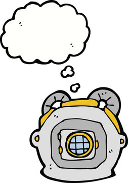 cartoon old deep sea diver helmet with thought bubble