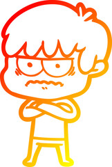 warm gradient line drawing of a annoyed cartoon boy
