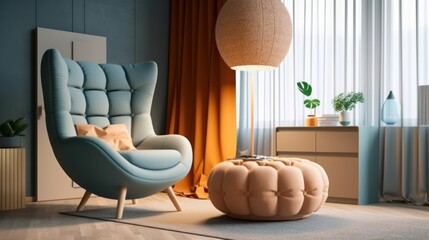 modern living room. Stylish comfortable poufs. armchair in room. Generative AI