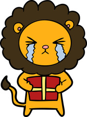 cartoon crying lion with gift