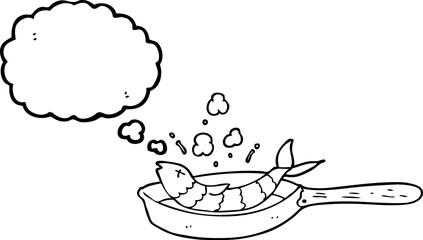 freehand drawn thought bubble cartoon frying fish