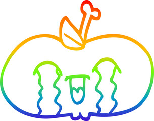 rainbow gradient line drawing of a cartoon of a sad apple
