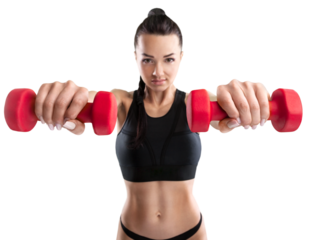 Sporty young woman training with dumbbells, pumping up muscles of hands