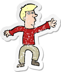 retro distressed sticker of a cartoon reaching man