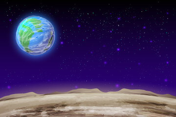 Planets in space with meteor satellites and asteroids in dark starry sky, earth,  galaxy, cosmos, universe, futuristic fantasy view background for computer game. cartoon vector illustration