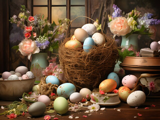 The joy and festive spirit of Easter celebrations with a delightful image showcasing colorful Easter eggs, blooming flowers, and playful decorations. Generated IA