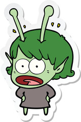 sticker of a cartoon shocked alien girl