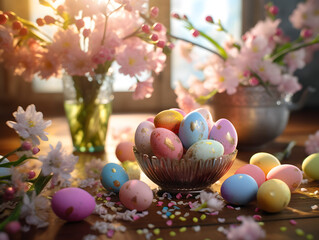 The joy and festive spirit of Easter celebrations with a delightful image showcasing colorful Easter eggs, blooming flowers, and playful decorations. Generated IA