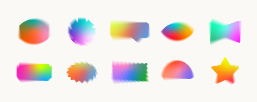 Blurry shapes set with y2k aura brutalism effect. Colorful contemporary decorative holographic gradient elements collection. Trendy distressed abstract banners vector templates bundle Isolated