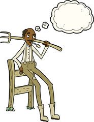 cartoon old farmer leaning on fence with thought bubble