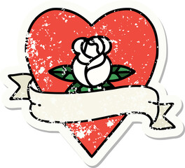 distressed sticker tattoo in traditional style of a heart rose and banner