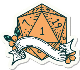 sticker of a natural one d20 dice roll