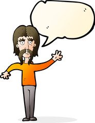 cartoon waving man with mustache with speech bubble