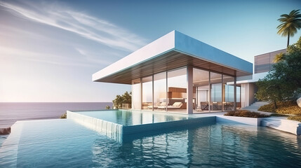 Luxury beach sea view pool villa 3d rendering. Generative Ai