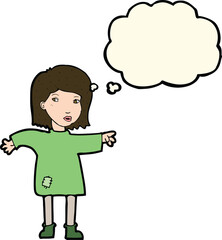 cartoon woman in patched clothing with thought bubble