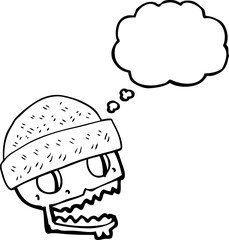 freehand drawn thought bubble cartoon skull wearing hat